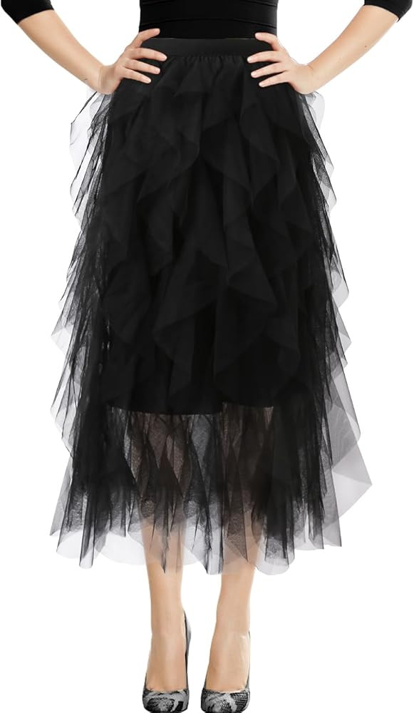 Women's A Line Tulle Midi Skirt Tutu Tiered Petticoat Skirts Tea-Length Elastic Waist Tutu Skirts | Amazon (US)