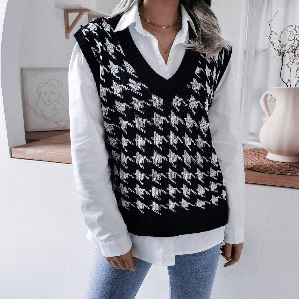 Women Casual V-Neck Sleeveless Houndstooth Pattern Knitted Sweater Vest Pullover Tops | Amazon (US)