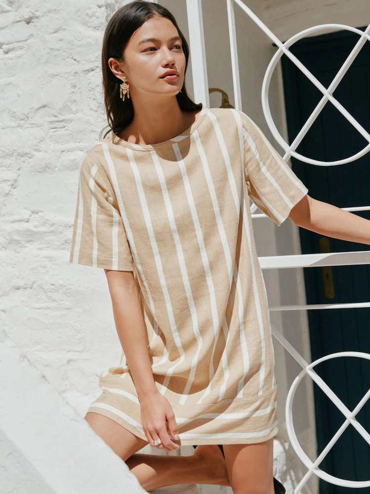 Brown/White Stripe Linen Blend Button Back Mini T-Shirt Dress | Next US