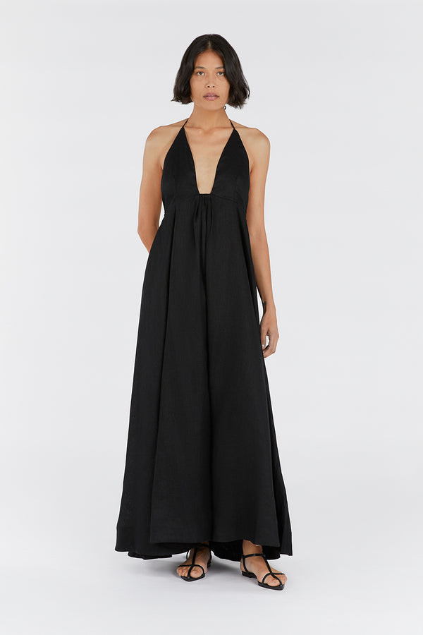 SICILY BLACK LINEN MAXI DRESS | DISSH