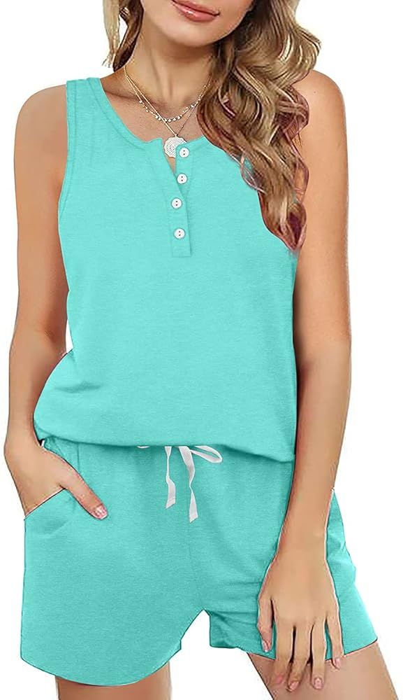 Dofaoo Two Piece Outfits for Women Button Henley Tank Short Set with Pockets | Amazon (US)