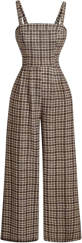 Floerns Women's Retro Plaid Wide Leg Jumpsuit Square Neck Sleeveless One Piece Romper | Amazon (US)