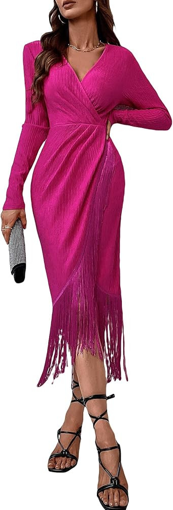 WDIRARA Women's Wrap Ruched Fringe Hem V Neck Long Sleeve Solid Bodycon Party Maxi Dress | Amazon (US)