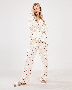 Womens Pajama Sets Cotton Pj Set Cute Heart Print Long Sleeve Button Down Shirt With Long Pants | Amazon (US)