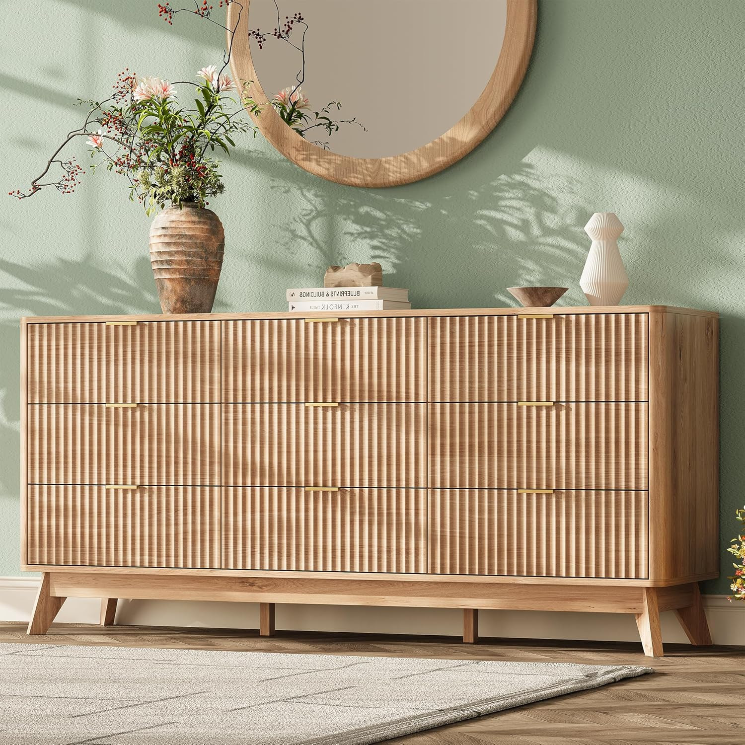 63'' Wide 9 Drawers Dresser for Bedroom,Modern Fluted Vertical Chest with Rounded Corners,Fluted ... | Amazon (US)