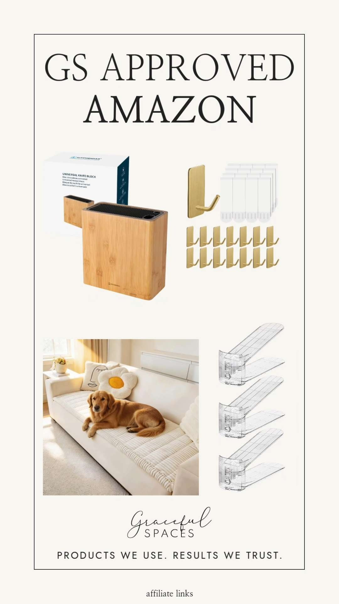 Items we are currently loving on Amazon clockwise starting top left: this gorgeous knife block our clients love, adhesive hooks Christina used in her new home, the couch cover Christina swears by, and shoe organizers that will save space in your closet! 

 #LTKHome