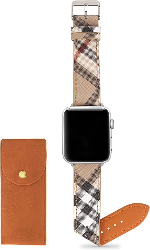 Designer Band Compatible with Apple Watch 41mm 40mm 38mm, Luxury Beige Plaid Elements Soft Leathe... | Amazon (US)