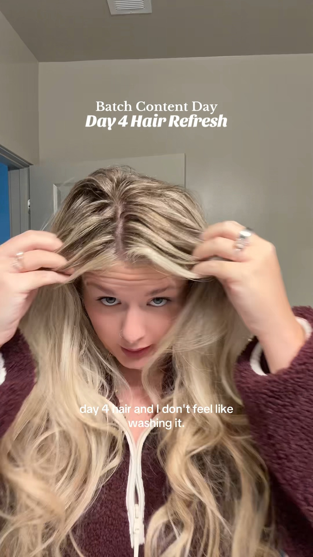 Let’s refresh this day four haur! Today I’m batch creating a ton of videos for my TikTok so I need my hair to look decent bc it’s going to be in all of my content!!! I’m running on like day 4 hair here. She’s a bit oily & needs some help getting some structure back. I’m using @Not Your Mother's dry shampoo & hairspray for the look! Both of these are lightweight & volumizing! Love them. 

#hairrefresh #hairtutorial #day4hair #hairtok #hairproduct 
