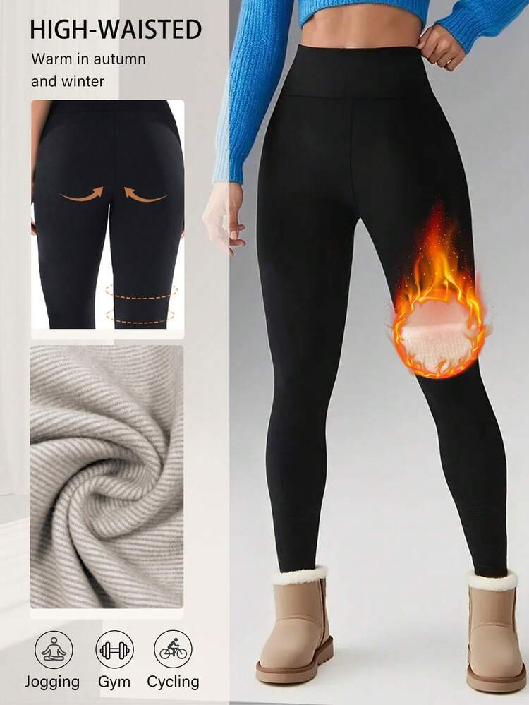 1 Pieza Leggings De Mujer De Cintura Alta Con Forro Térmico - Pantalones De Felpa Elásticos Y Cálidos Para Otoño/Invierno, Pantalones Casuales Acolchados Y Gruesos Adecuados Para Uso Al Aire Libre, De Tela Opaca Sólida, Que Estilizan Las Líneas De Las Piernas, Gruesos Y Cálidos, Pantalones De Forro Polar Para Mujer, Pantalones Suaves Y Cómodos Para El Invierno, Lavables A Máquina, Adecuados Para Clima Frío, Con Forro Suave, Tela Elástica, Opción Ideal Para Entusiastas. | SHEIN