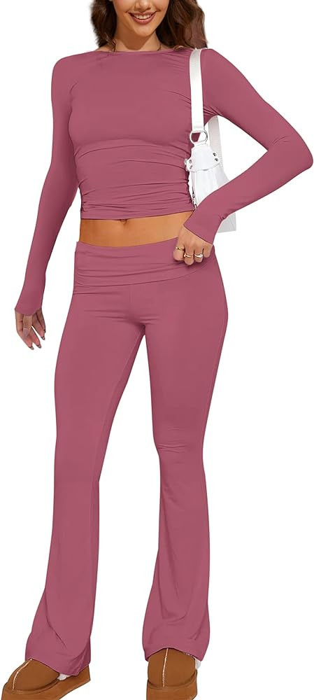 Livtany Women's Yoga Lounge Sets Crew Neck Long Sleeve Crop Tee and Low Rise Flare Pants Tracksui... | Amazon (US)