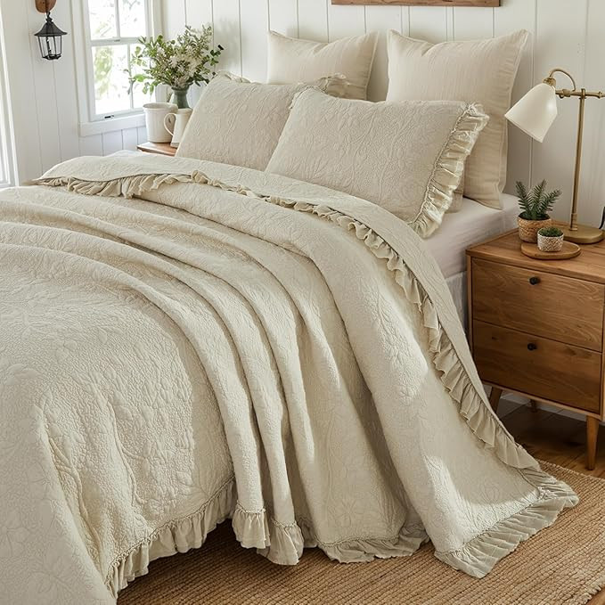 Brandream Luxury Cotton Quilt Set Queen Size – Handcrafted Floral Vine Stitching Beige Ruffled ... | Amazon (US)