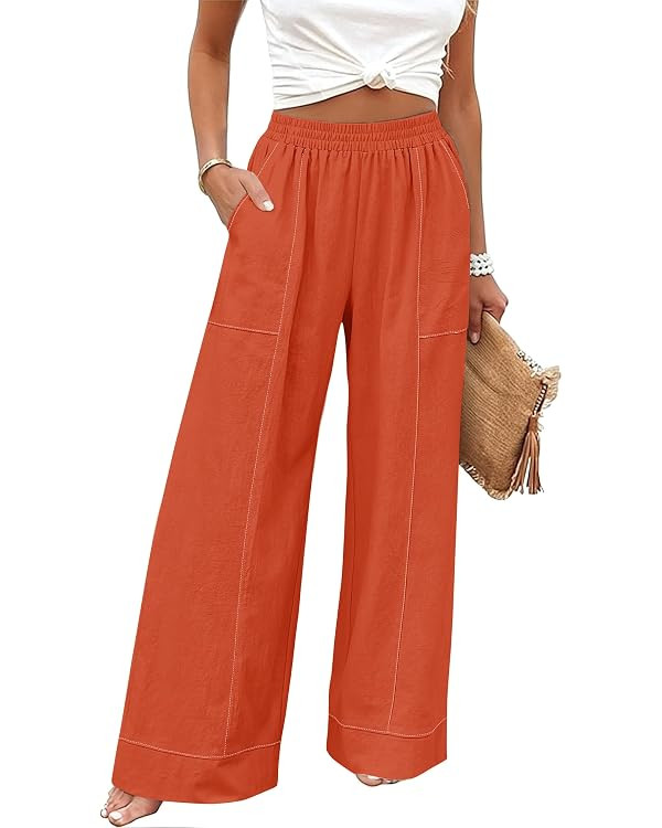 Rapbin Womens Elastic Waist Palazzo Pants Casual Wide Leg Pant Baggy Lounge Trousers with Pockets | Amazon (US)