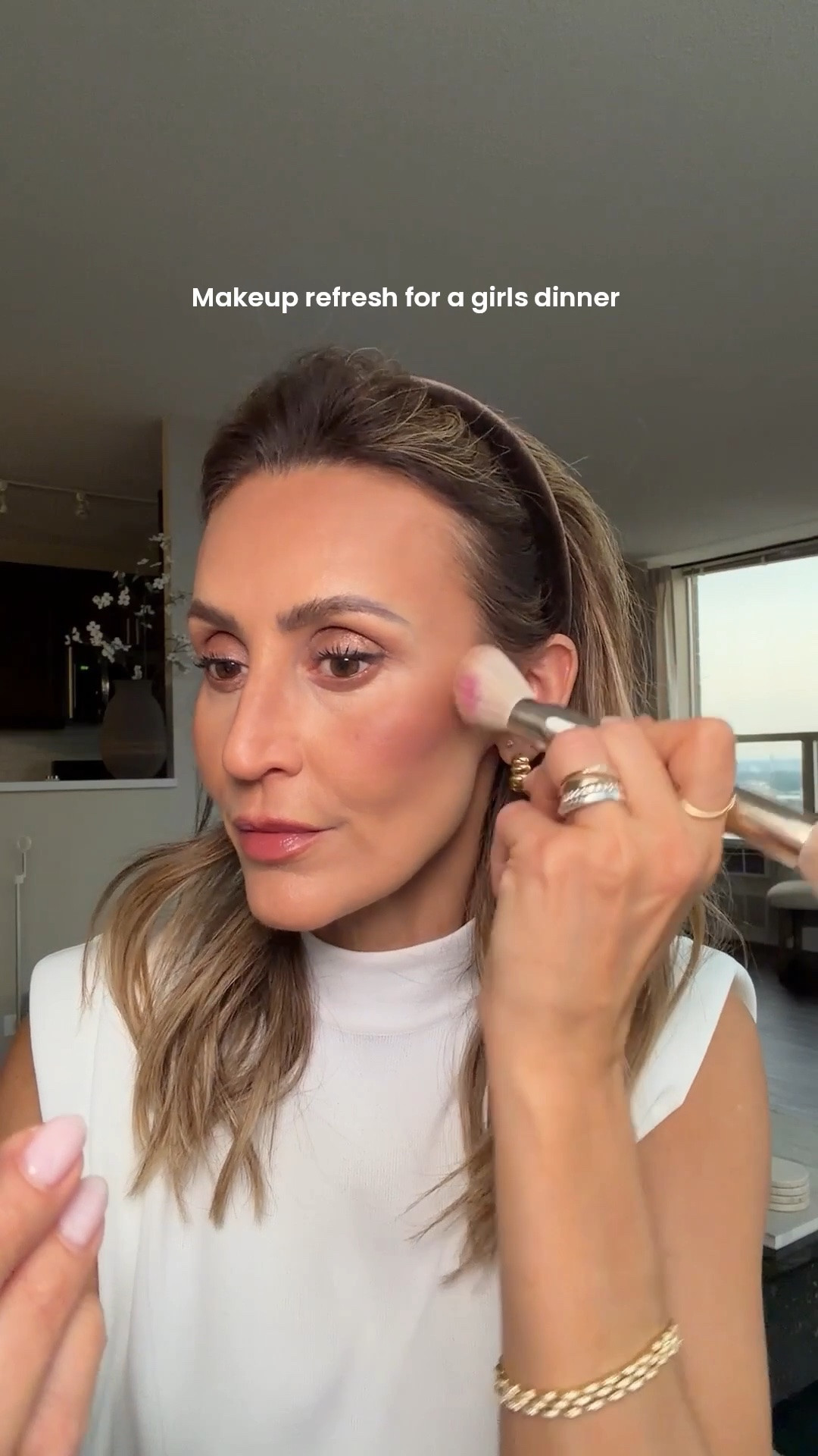 My makeup refresh for a girl dinner! 
Date night makeup, evening makeup 
I used:

Haus labs foundation 
Chocolate soleil bronzer 
Rare beauty blush 
Natasha denona eye shadow nude palette

#LTKgrwm #LTKOver40 #LTKBeauty