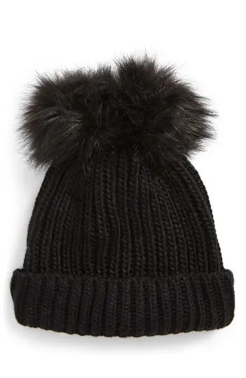 Women's Natasha Faux Fur Double Pom Beanie - Black | Nordstrom