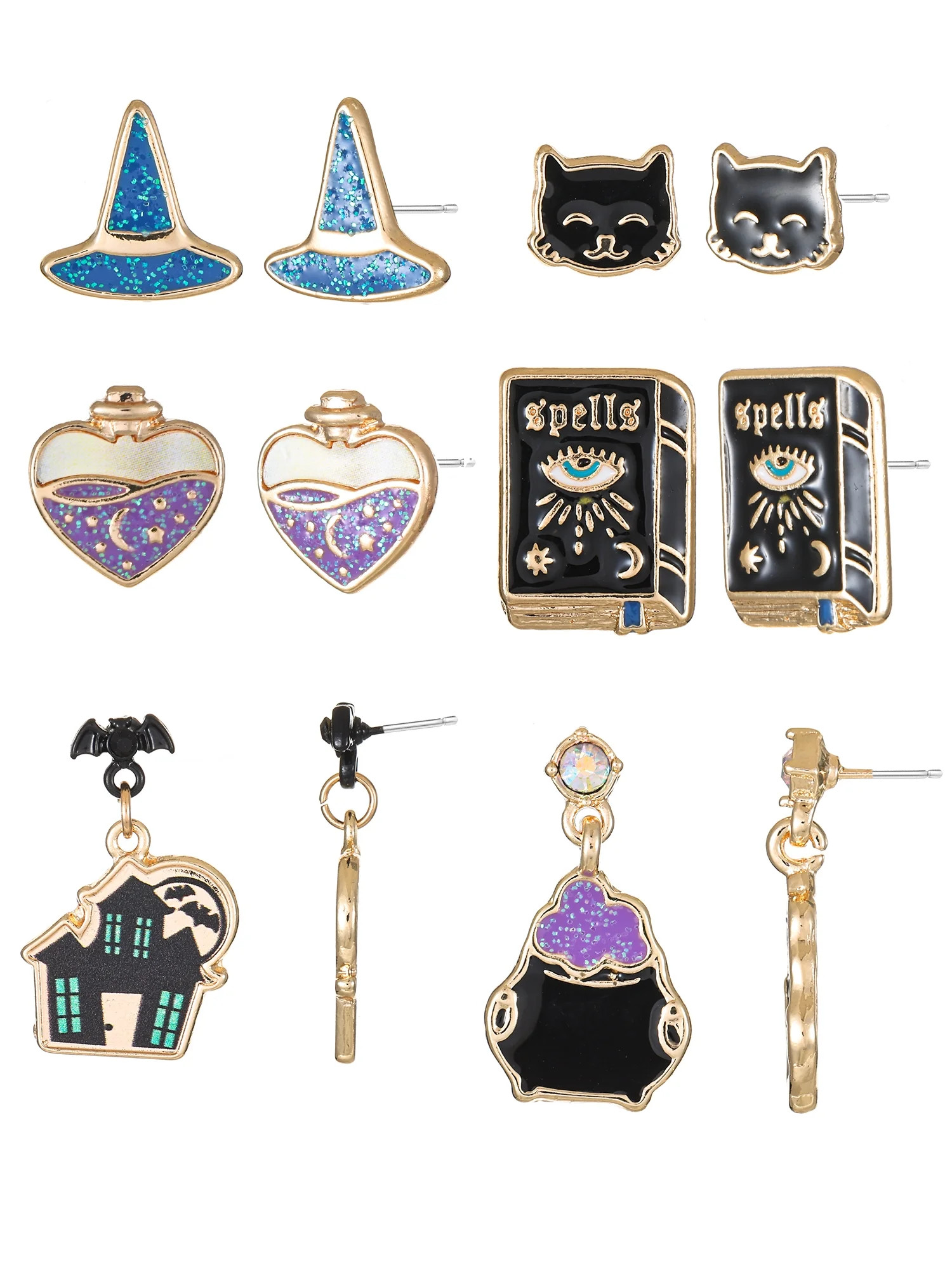 Way to Celebrate Halloween Motif Earrings, Multicolored, Goldtone, 6 Pairs, Female | Walmart (US)