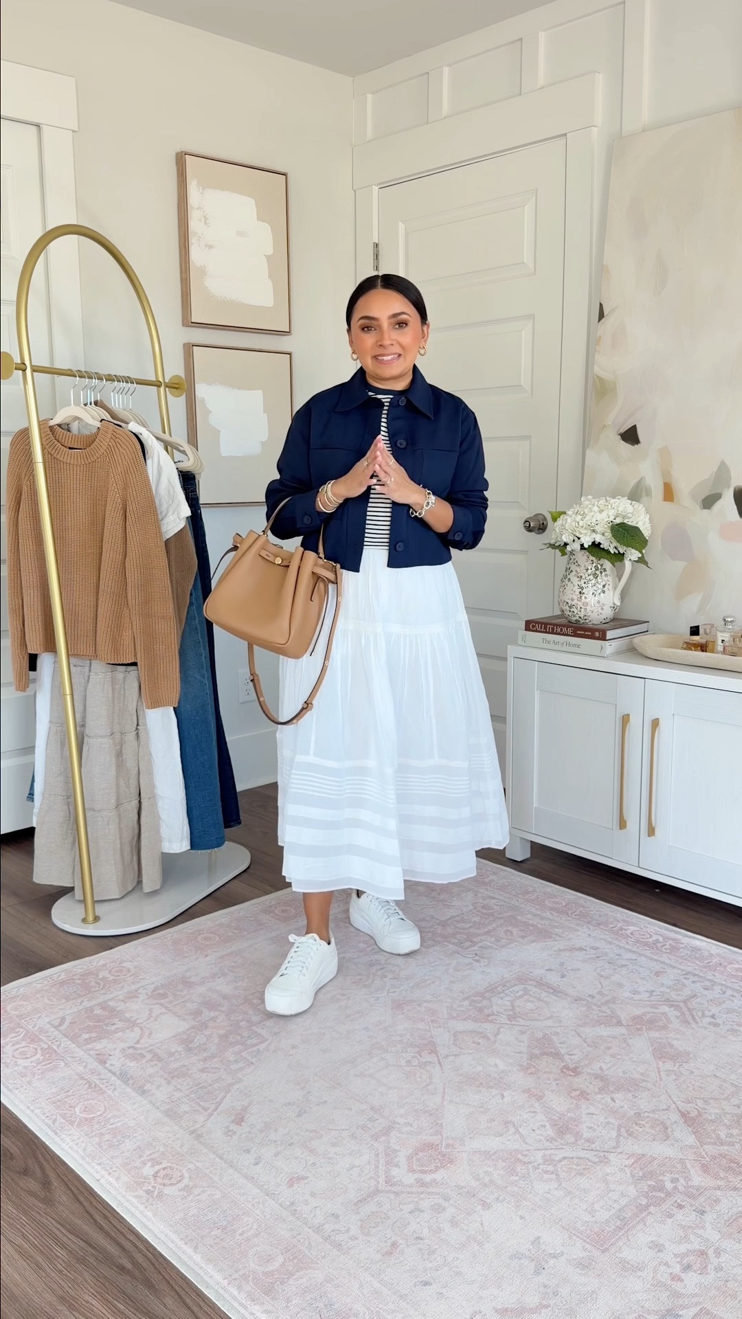 Outfits with sneakers for Travel
For reference: I’m 5’0, petite, 32b bra size, and 2/26 in bottoms, pear shaped. 
*Everything I share is unaltered! TTS means true to size. Between size 5-6.5 in shoes

Navy blue jacket size xs TTS
Blue stripe tee size xs TTS
White maxi skirt size xs petite TTS

Europe outfits
Paris style
London looks
Spring outfits 2026
Spring dresses
Business casual workwear


#LTKPetite #LTKTravel #LTKSpringSale

#LTKgrwm #LTKPetite #LTKootd