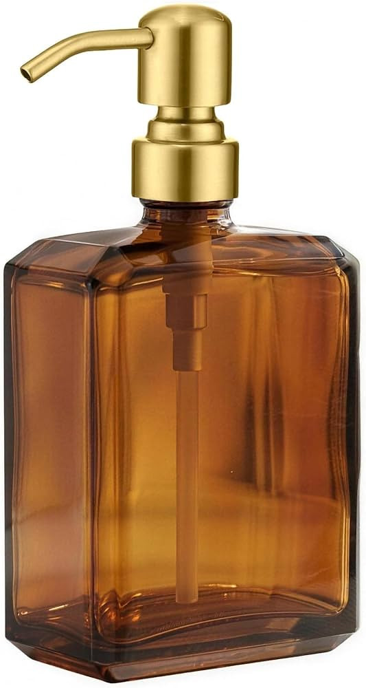 Amber Soap Dispenser Rectangular Glass, Brushed Gold Pump, 13.5 oz | Amazon (CA)