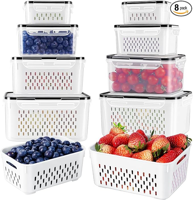 8 PCS Fruit Storage Containers for Fridge with Removable Colander, Airtight Food Storage Containe... | Amazon (US)