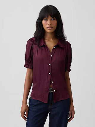 100% Recycled Puff Sleeve Ruffle Shirt | Gap Factory