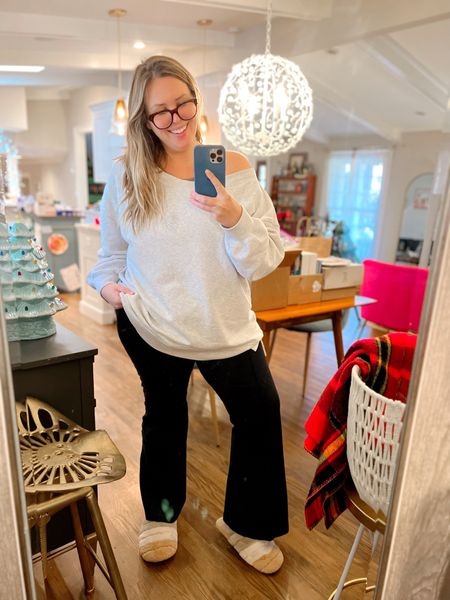 Cozy Christmas Eve Eve look! Wearing a PowerChill bra from Old Navy (2X), an off the shoulder cozy top from Abercrombie (XXXL - runs true but i sized up for a longer more oversized fit), a pair of Perfect Flare pants from Spanx (2X), a pair of old slippers from Madewell (linked similar options), and a pair of glasses!

#LTKcurves #LTKstyletip #LTKSeasonal
