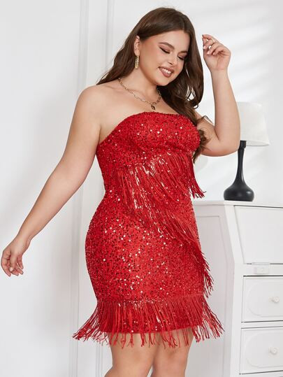 D&M mais Vestido apertado sem alças acabamento de franja lantejoula | SHEIN