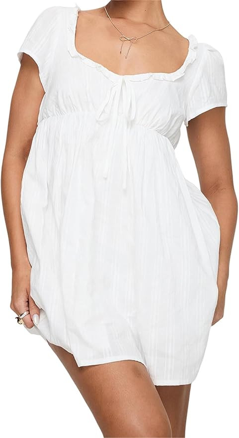 Women Y2k Puff Sleeve Babydoll Dresses Square Neck Tie Back Mini Dress Summer Solid Off Shoulder ... | Amazon (US)
