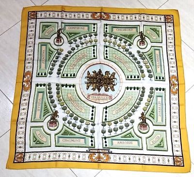 Scarf HERMES "Jardins de Versailles" By Vauzelles Mustard Green Twill Silk 35"  | eBay | eBay US