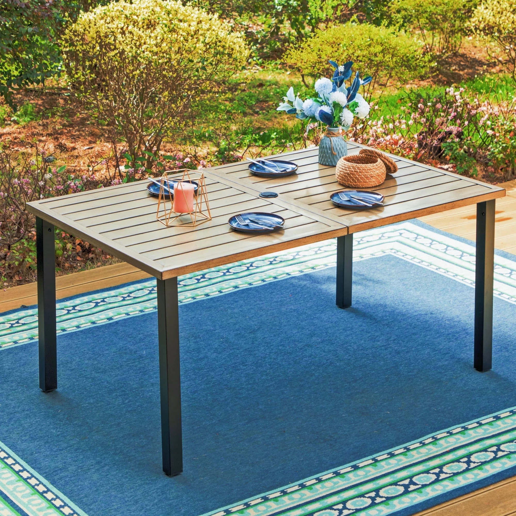 MF Studio Metal 60" x 36" Rectangle Outdoor Patio Dining Table for 6 People, Wood-Grain Table Top... | Walmart (US)