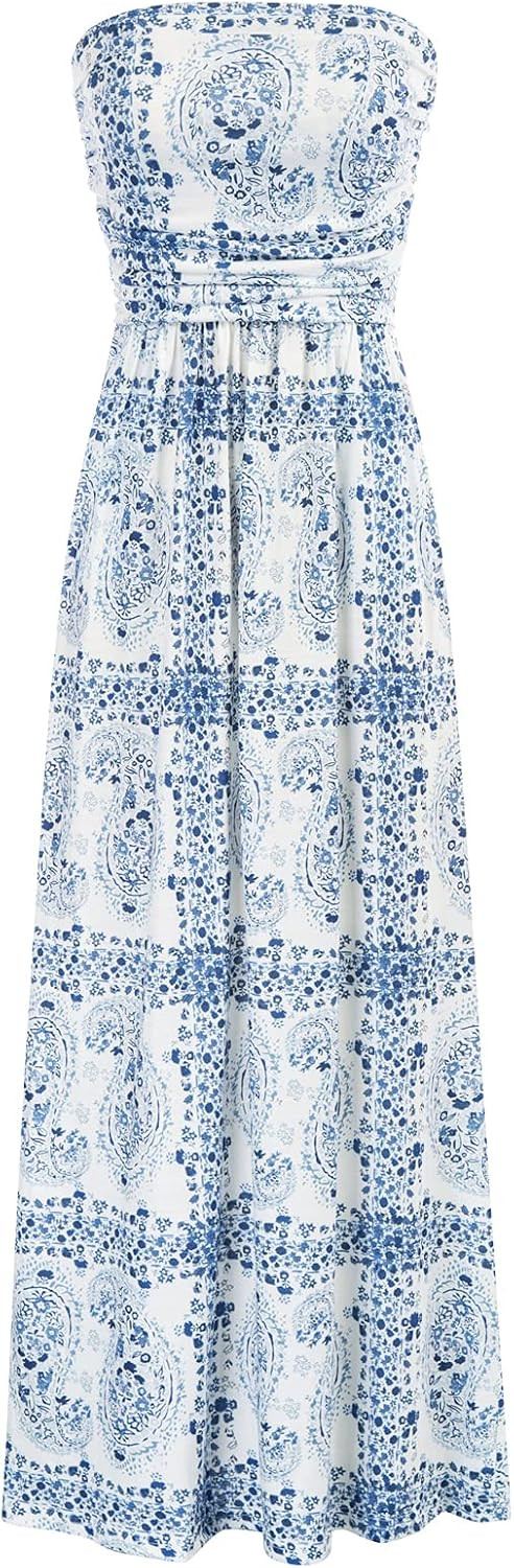 GRACE KARIN Women Strapless Dress Casual Loose Ruched Long Maxi Dress with Pockets | Amazon (US)