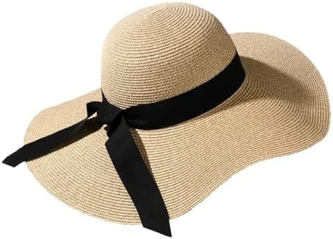 Straw Hat for Women Wide Brim UV Protection Straw Bucket Hat with Black Ribbon Bow Breathable Swe... | Amazon (US)
