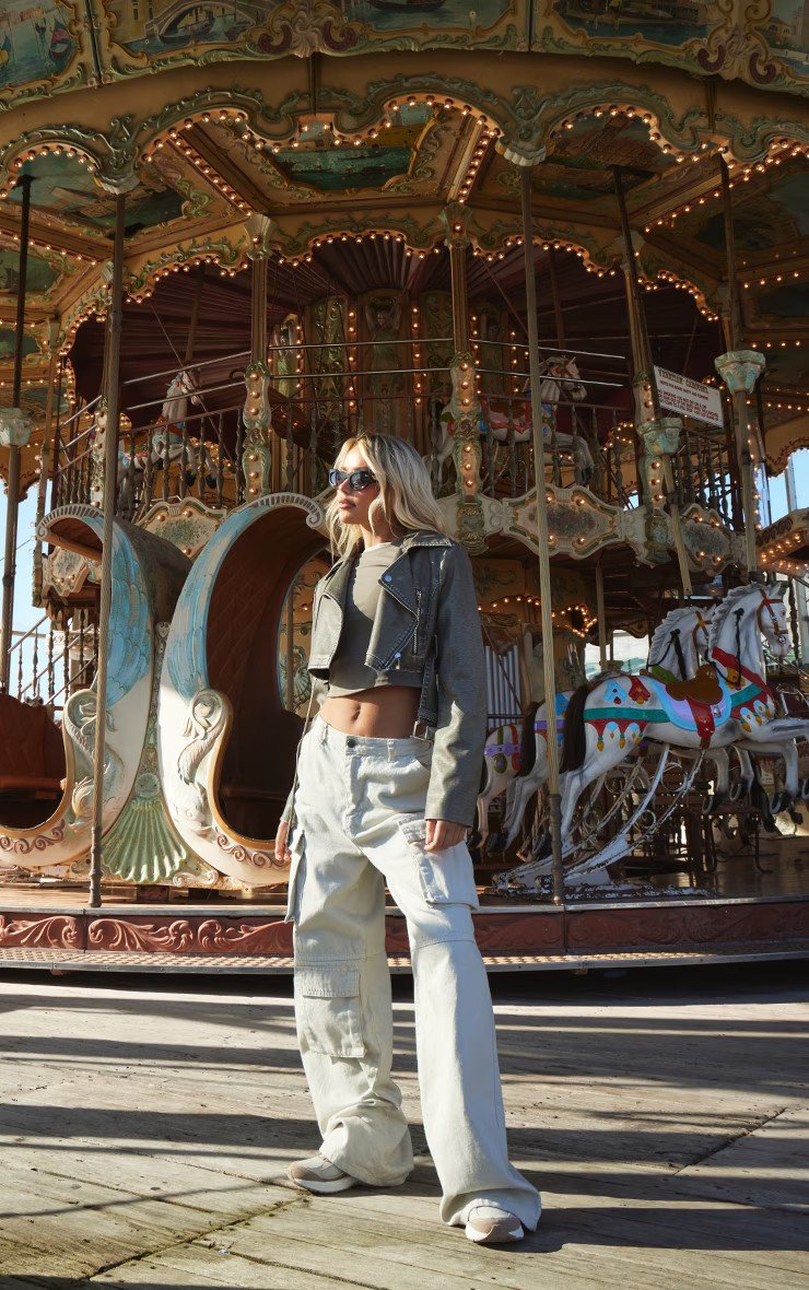 Grey Distressed Faux Leather Super Cropped Belted Biker Jacket | Pretty Little Thing (Australia & New Zealand)
