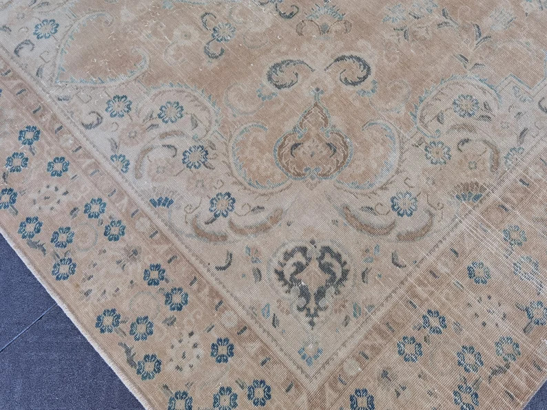10x12 Vintage Rug, Oversized Area Rug, Faded Terracotta Rug, Slate Blue Accent, Peach and Blue Ru... | Etsy (Global)