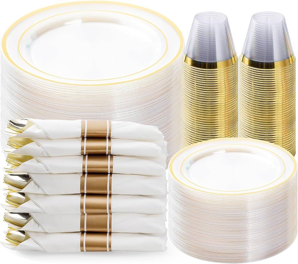 350PCS Clear Gold Plastic Dinnerware Set, Disposable Party Plates for 50 Guests, Include: 100 Pla... | Amazon (US)