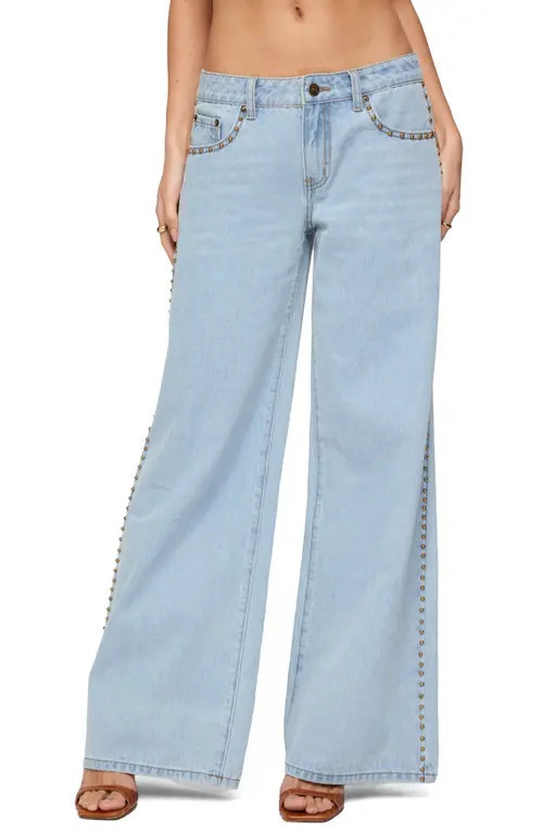 EDIKTED Stassie Stud Low Rise Wide Leg Jeans in Light-Blue at Nordstrom, Size Small | Nordstrom