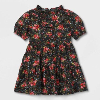 Toddler Girls' Floral Ruffle Mock Neck Short Sleeve Dress - Cat & Jack™ Black | Target