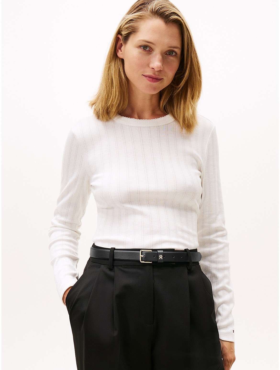 Tommy Hilfiger Women's Long-Sleeve Pointelle Crewneck T-Shirt - White - XL | Tommy Hilfiger (US)