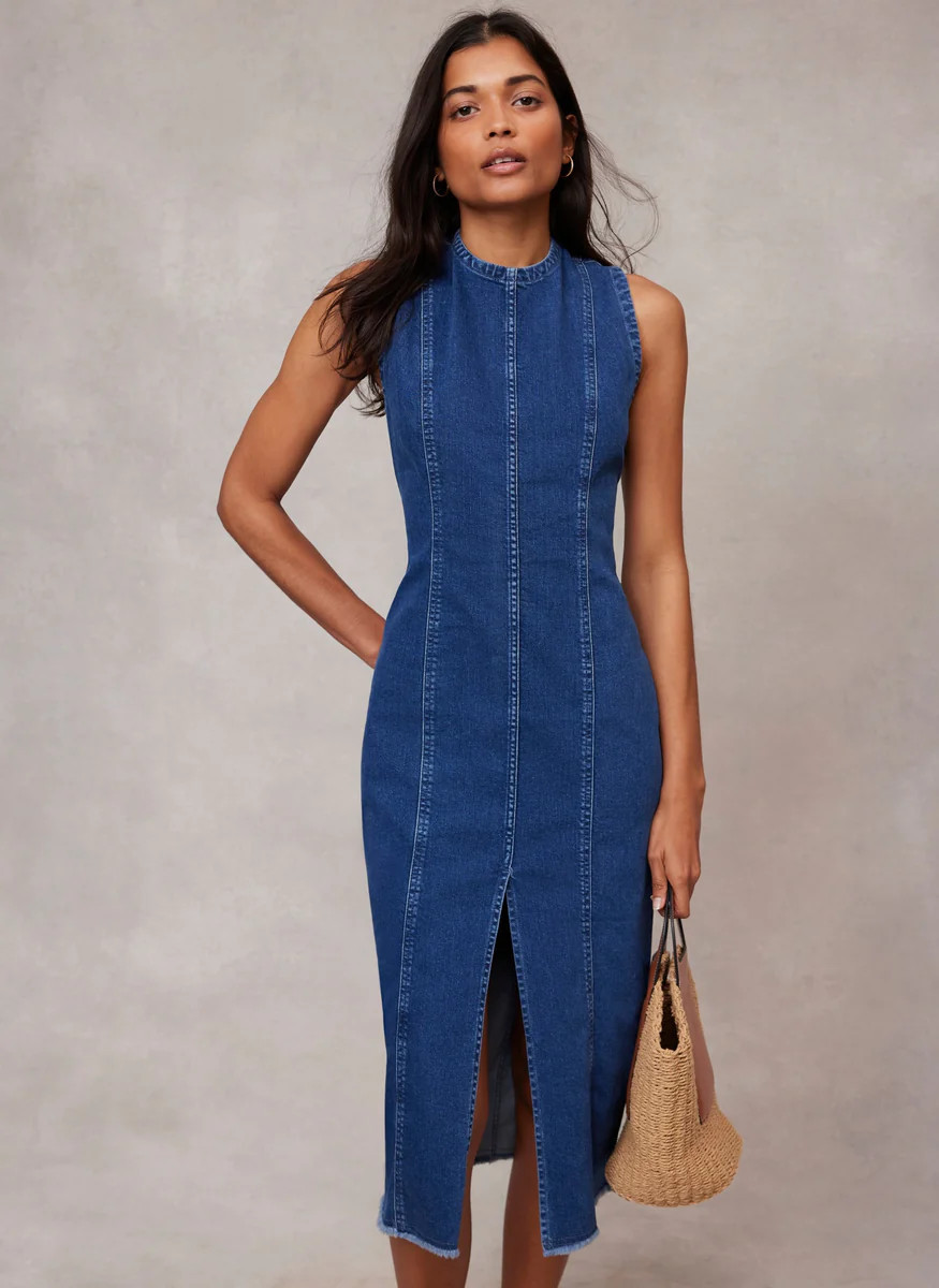 Blue Sleeveless Denim Midi Dress | Mint Velvet