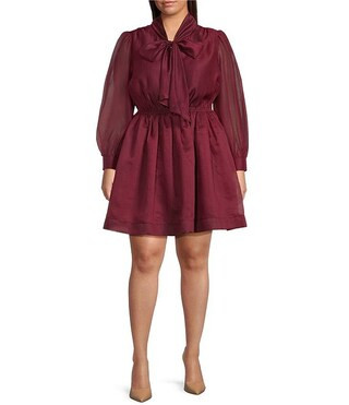 Layered With Love Plus Size Elise Organza Bow V-Neck Long Bubble Sleeve Neck Tie Ruffle Mini Dres... | Dillard's