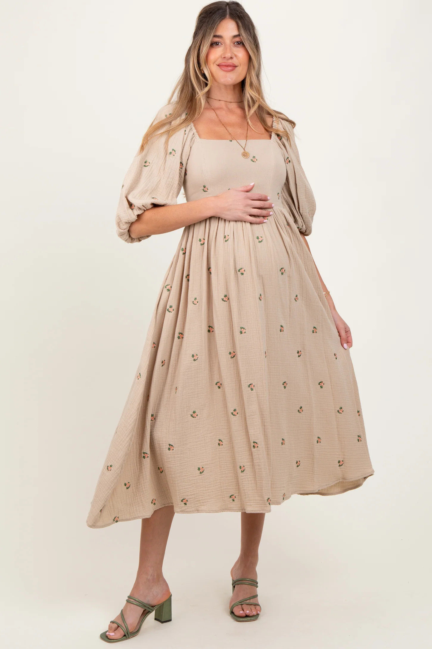 Taupe Floral Maternity Midi Dress | PinkBlush Maternity