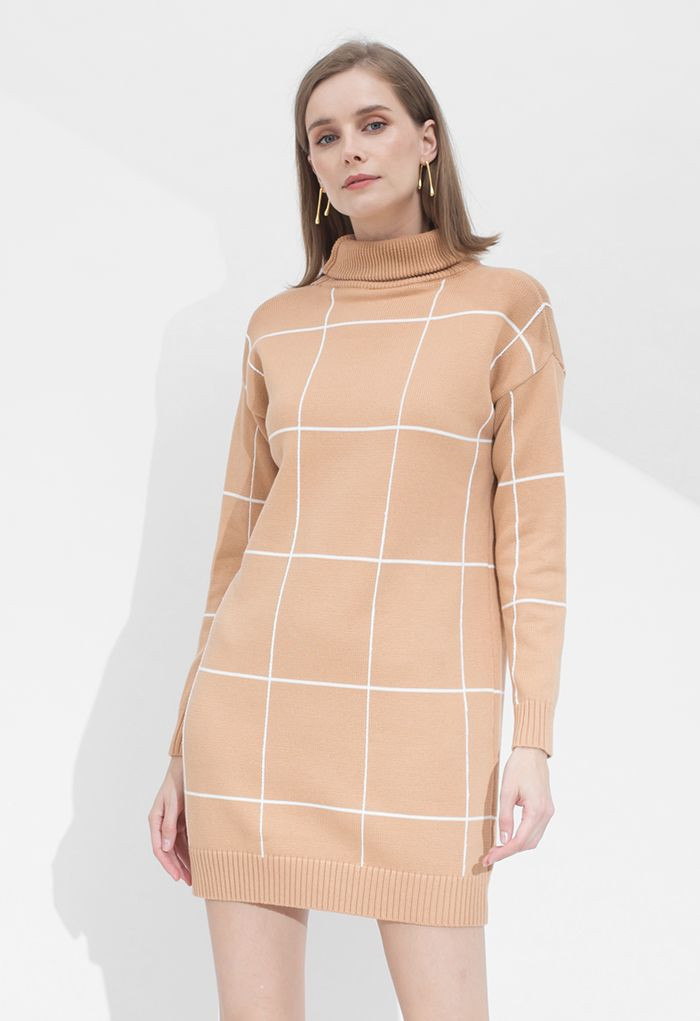 Warm Welcome Grid Turtleneck Sweater Dress in Tan | Chicwish