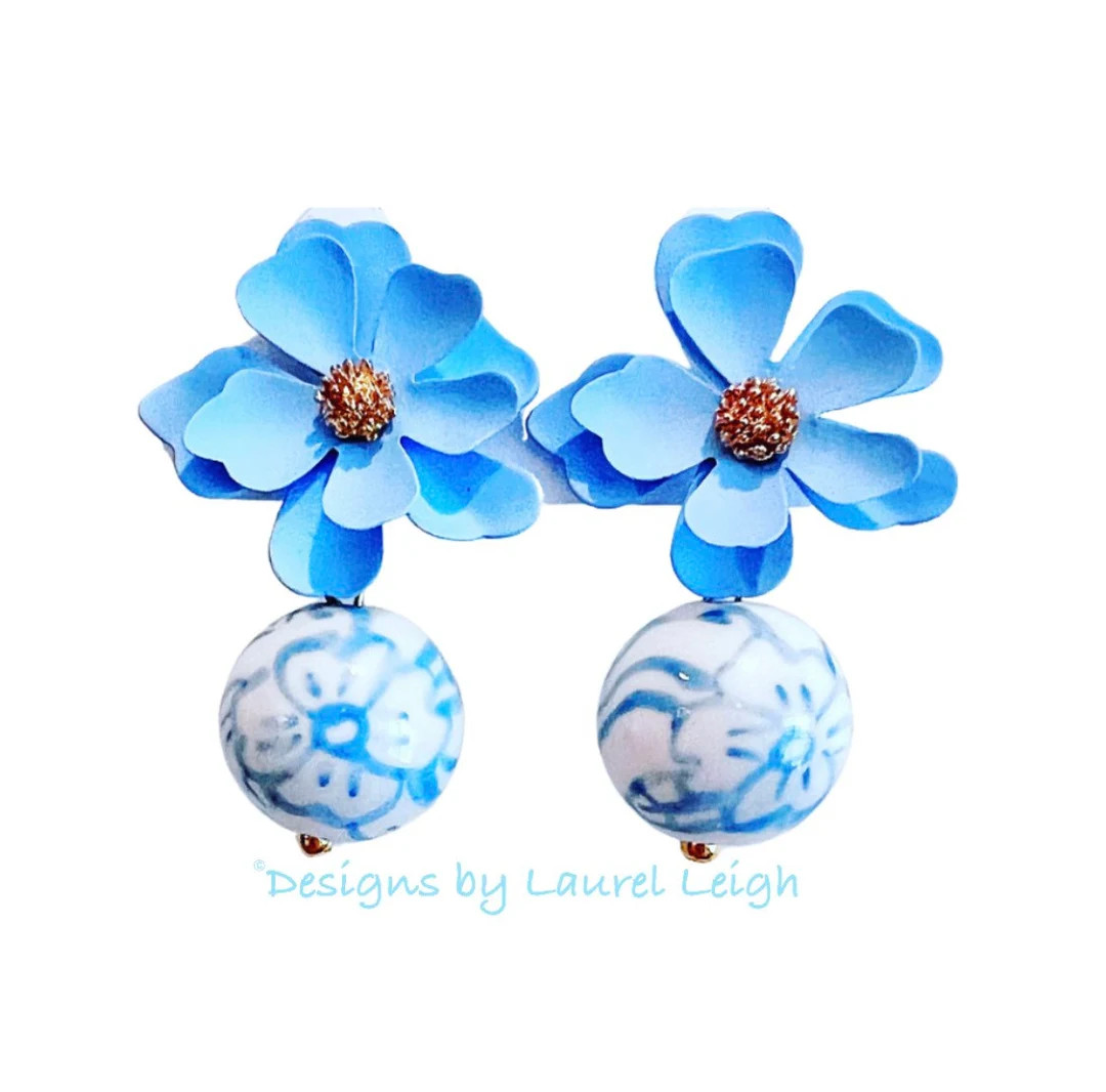 Wedgwood Blue Floral Drop Earrings Flower, Dogwood, Bridesmaid, Chinoiserie, Cornflower, Light, G... | Etsy (US)