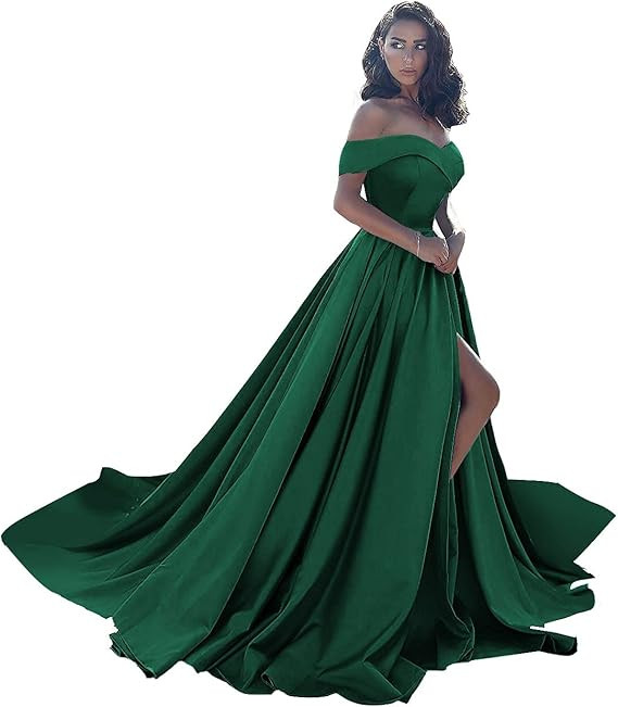 Ball Gown Prom Dresses Long Satin Off Shoulder Split Formal Evening Wedding Dress for Women | Amazon (US)