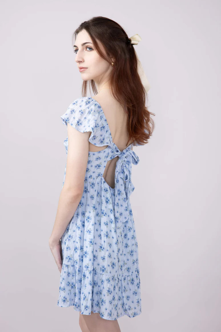 Floral Flutter Sleeve Dress for Women in Sky Blue | Glik's