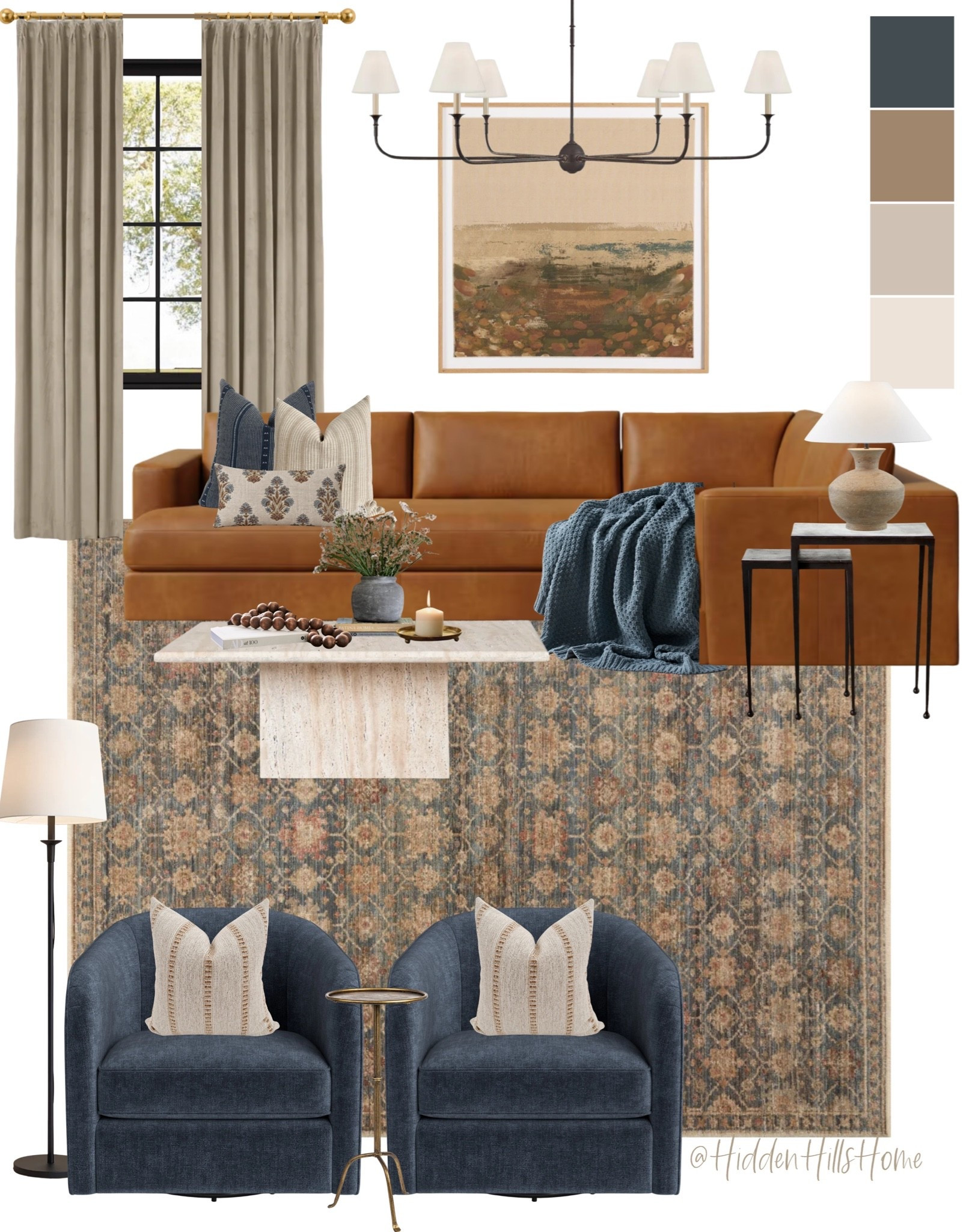 Living room decor mood board, living room design, home decor ideas, leather sofa, living room inspiration, coffee table