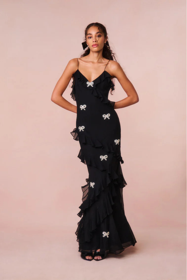 Rialto Crystal Bow-Embellished Maxi Dress | LoveShackFancy