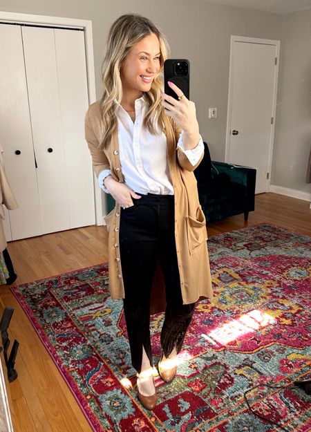 Business casual outfit idea / this white button up and black work pants are both on sale and this long cardigan is an amazon fashion find! #businesscasual #workoutfit 

#LTKsalealert #LTKunder50 #LTKworkwear