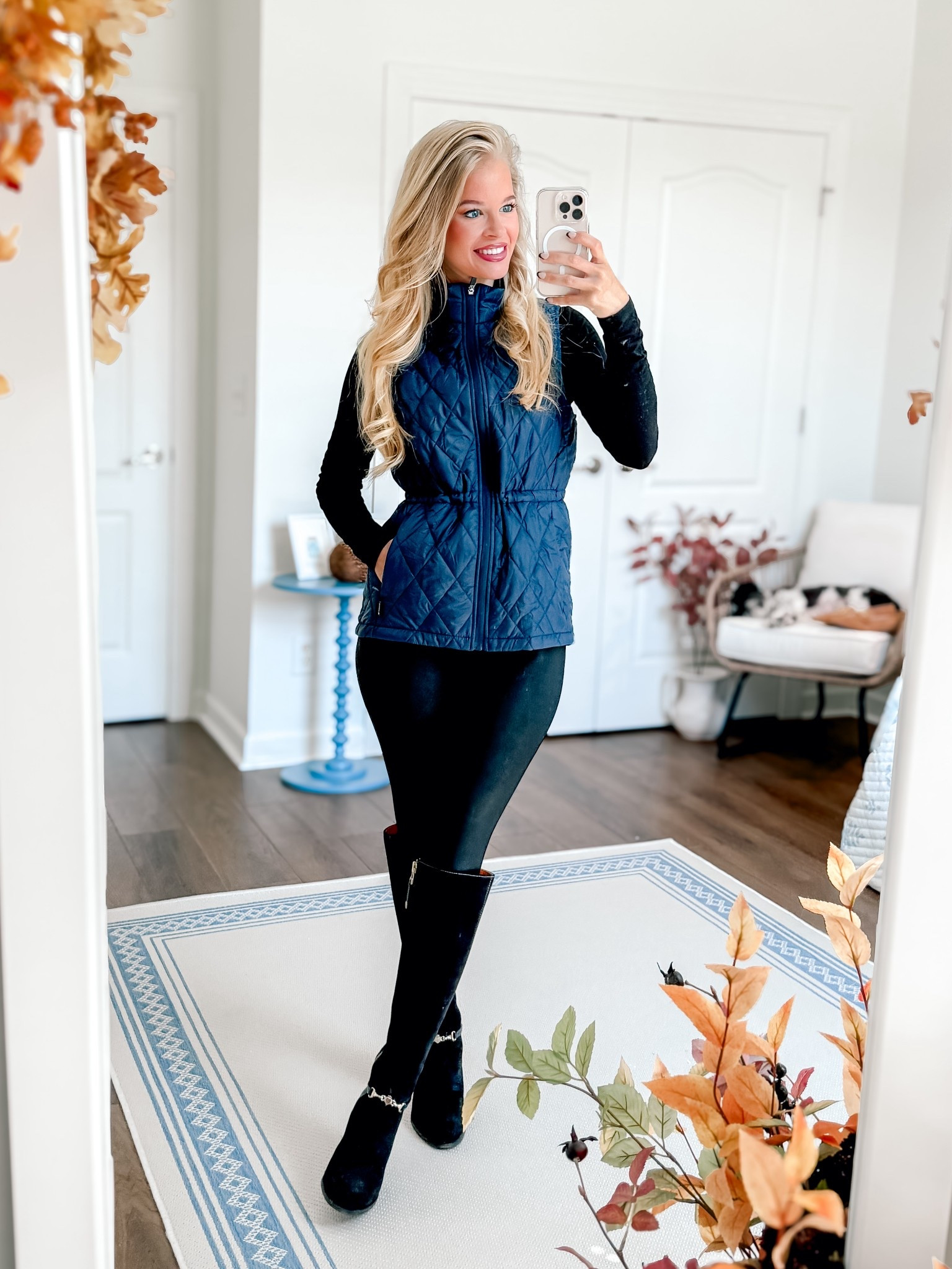 Fall winter outfit fashion 
Blue vest 
Casual ootd 
Petite fashion 
Black leather leggings
Black boots 
Black long sleeve top 
Winter outfit 

#LTKFindsUnder50 #LTKFindsUnder100 #LTKPetite