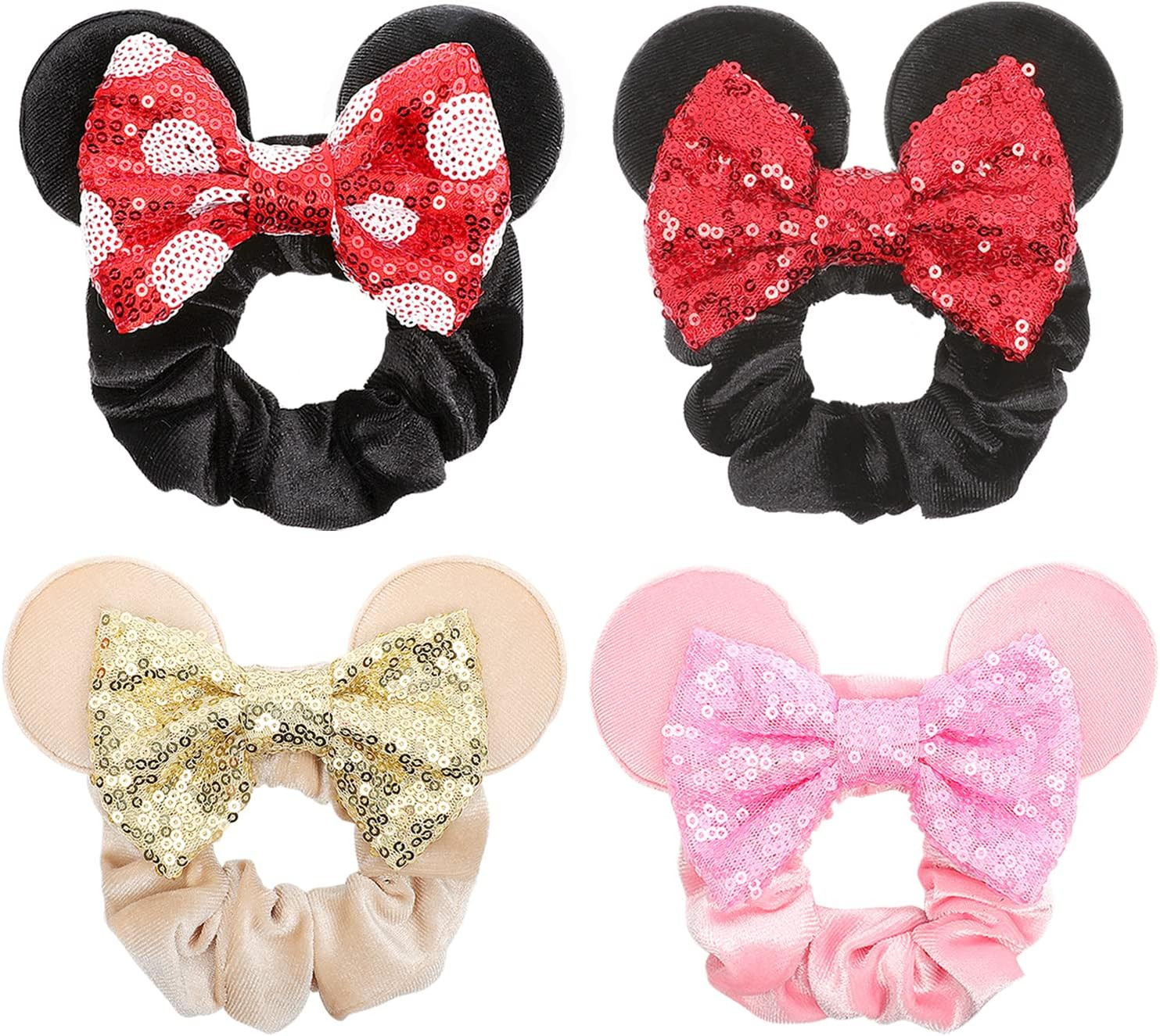 4 Pcs Minnie Mouse Ears Mickey Ears Scrunchies Sequin Bows Hair Bands Ponytail Hair Ties Hair Access | Amazon (US)