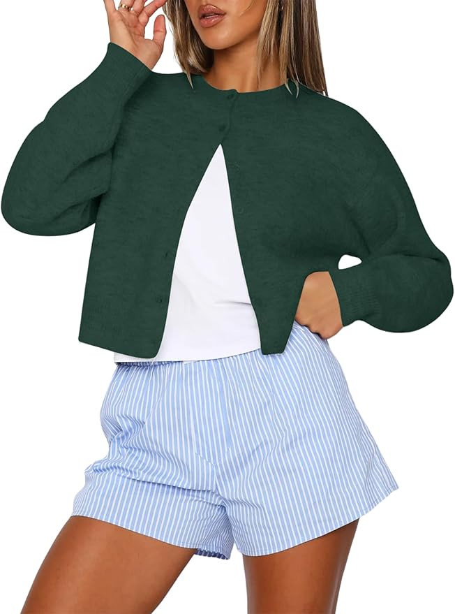 Kistore Womens Cropped Cardigan Sweaters Crew Neck Long Sleeve Button Up Sweaters Lightweight Kni... | Amazon (US)