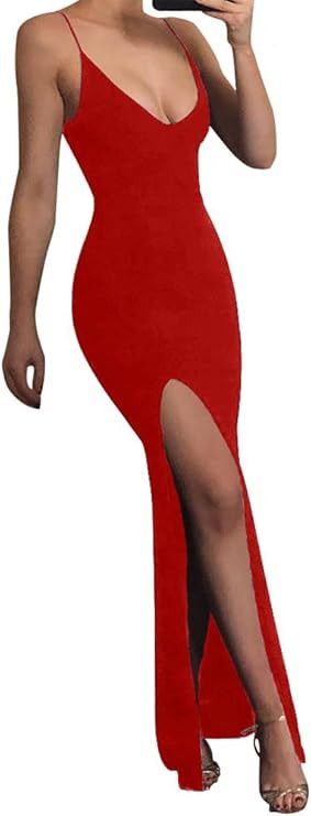 TOB Women's Sexy Bodycon Sleeveless Spaghetti Strap V-Neck Evening Long Dress | Amazon (US)